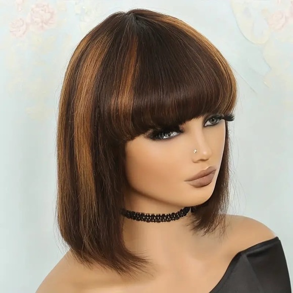 Golden Brown Brazilian Human Hair Short Bob Wig with Bangs in 8 Inches - Picture 2 of 5